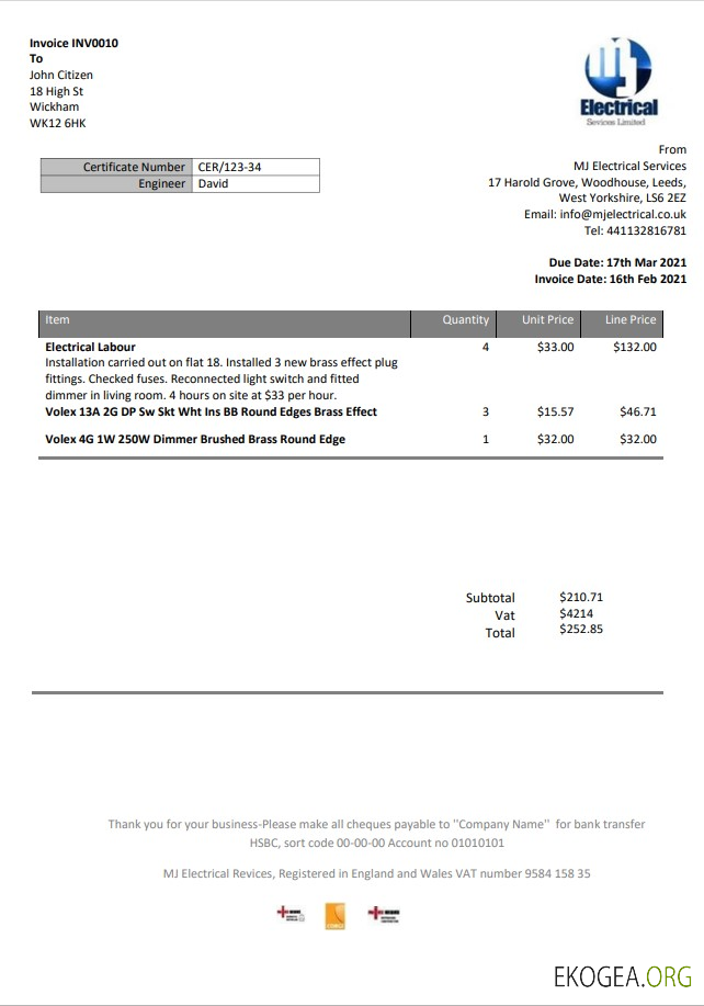 United Kingdom MJ Electrical proof of address utility bill template in Word and PDF format